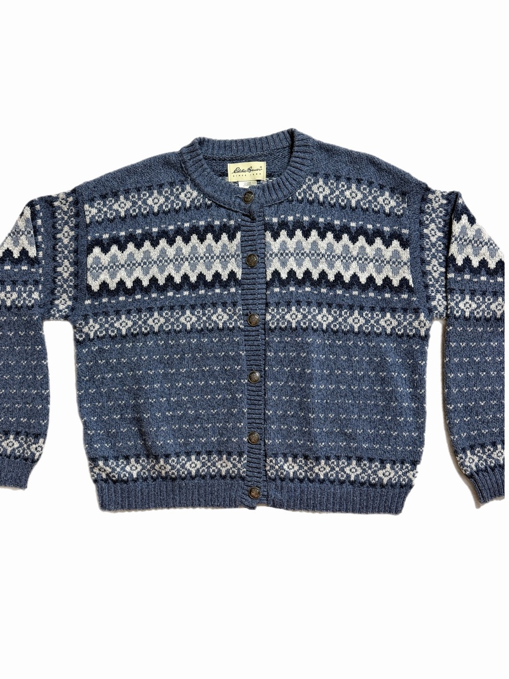 Eddie Bauer Fair Isle Blue Heritage Metal Buttons Cardigan Sweater XL Winter